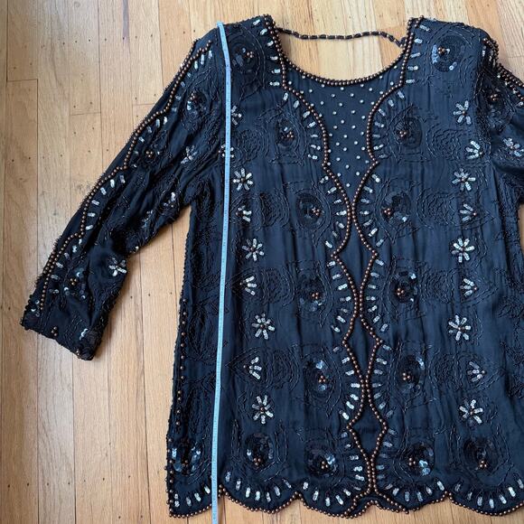 Vintage JLB Silk Black Beaded Sequin Tunic Top Size L (approx) 80's 90's Holiday - Picture 12 of 15